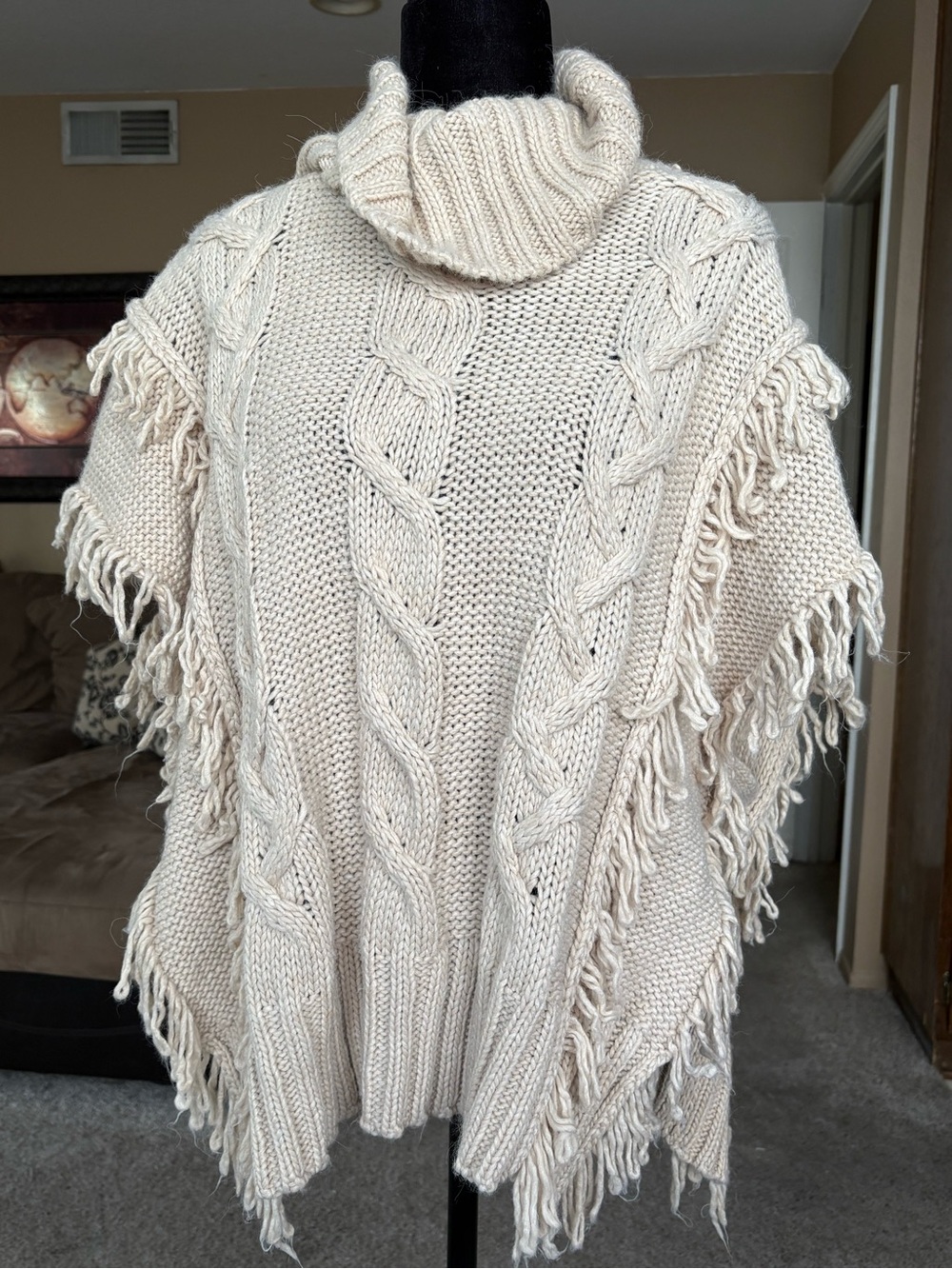 Women's Fringe Cable-Knit Turtleneck Sweater Poncho - Cream size small